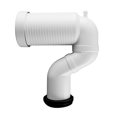 Connettore per tubo in PVC bianco a lunghezza regolabile, utilizzato per collegare il pannello WC al tubo di scarico in plastica